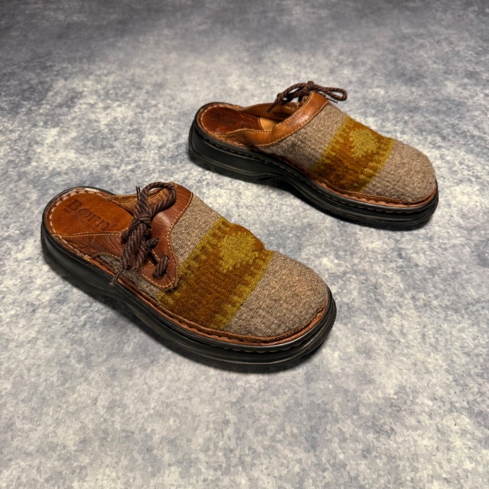 Born Bandy Southwestern Wool Clogs Womens 7 Brown Leather Blanket Mules Aztec